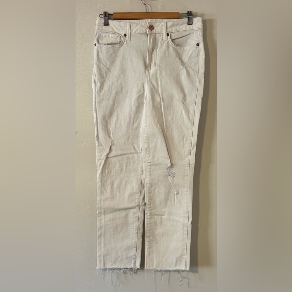 🌸 Lauren Conrad Size 6 Distressed White Slim Straight Leg Denim Jeans Raw Hem